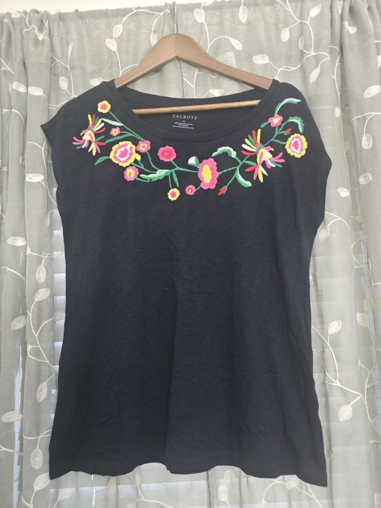 Talbots Tops - Talbots Navy Short Sleeve Tee with Pink & Yellow Floral Embroidery